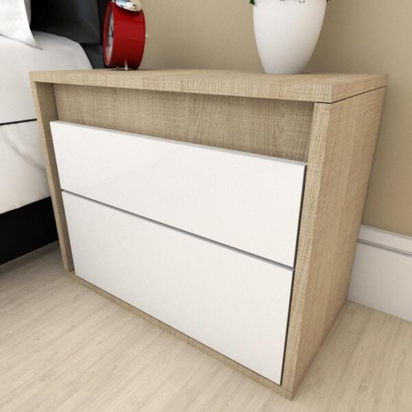 Mesa de cabeceira moderna branco com amadeirado claro - 1