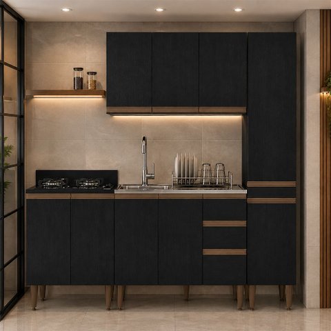 Kit Cozinha Milão 6 Portas com Paneleiro e Balcão Cooktop Preto