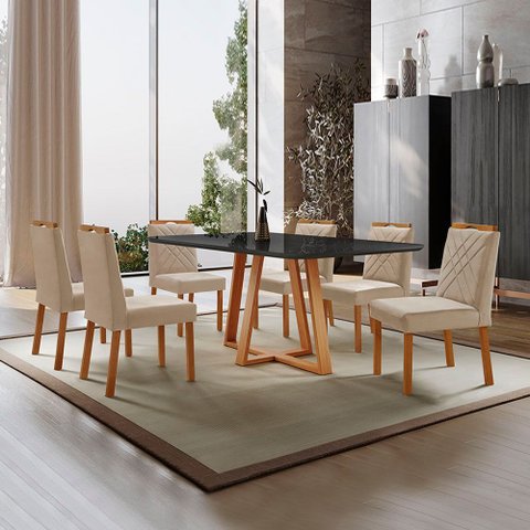 Conjunto Sala de Jantar Mesa Florença Madeira Maciça 180x90cm Tampo Retângular Vidro Preto com 6 Cad
