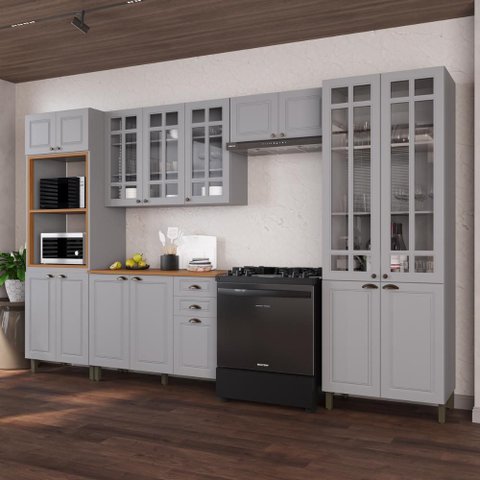 Armário Cozinha Modulada Completa Americana 100% MDF 350cm Provence Multimóveis Crink-CPL021 Cinza