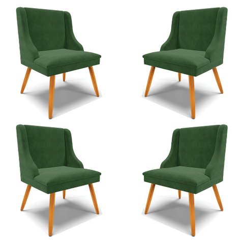 Kit 4 Cadeiras Decorativas Sala de Jantar Pés Palito de Madeira Firenze Suede Verde Esmeralda/Natura