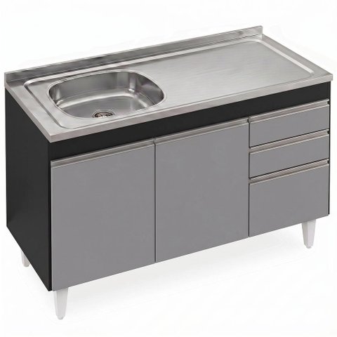 Balcão de Cozinha com Pia Inox Deslocada 120cm Ávila Preto/Cinza L03 - Mpozenato