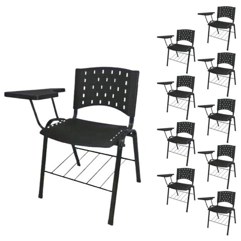 Kit 10 Cadeiras Universitárias com Prancheta e Porta Livros - Cor Preto - Reaplast - 32042