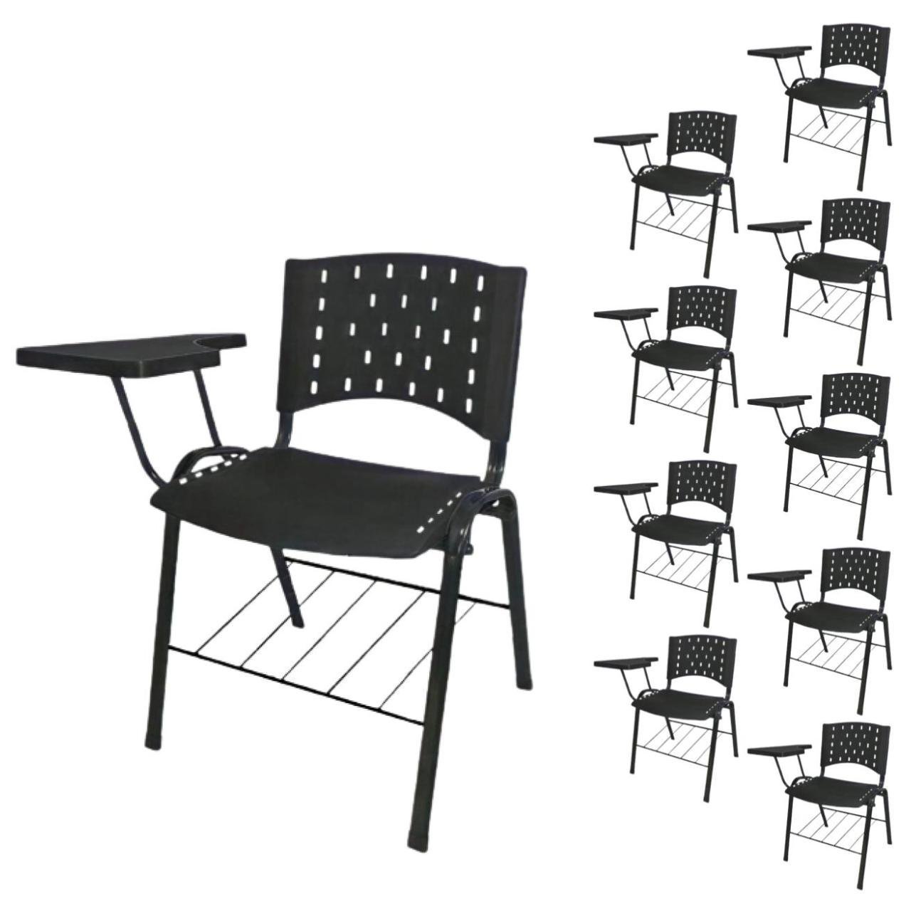 KIT 10 Cadeiras Universitárias com Prancheta e Porta Livros - Cor Preto - REAPLAST - 32042