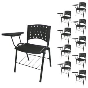KIT 10 Cadeiras Universitárias com Prancheta e Porta Livros - Cor Preto - REAPLAST - 32042