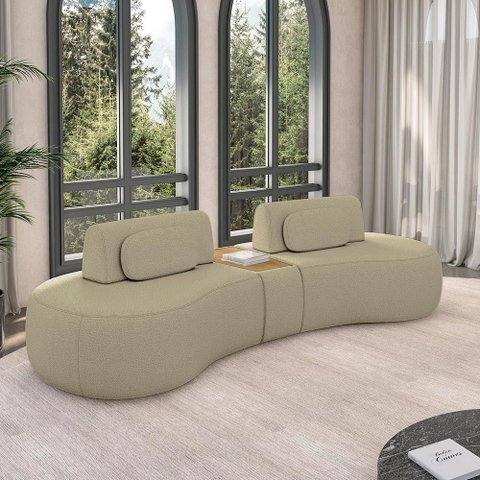 Sofá Sala de Estar Modulado França 325cm com Encosto Articulável Mesa Central e Almofadas Bouclê Beg
