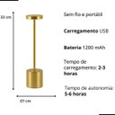 Ver imagem 2 de Luminária de Mesa Prego Led Dourada Recarregável Touch sem Fio Dimerizável Usb