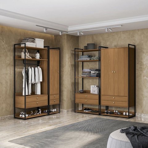 Kit Dormitorio 3 Portas 8 Gavetas e 3 Cabideiro Industrial Marrom/Canela/Preto Fosco
