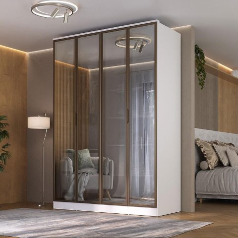 Guarda Roupa 1,60m C/ 4 Portas Reflecta e Led 100% Mdf Cor:branco