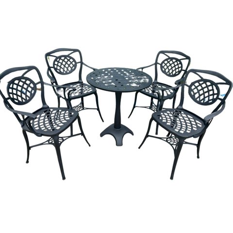 Conjunto para Jardim Firenze com de Mesa de Pé Central e 4 Poltronas Preto Fosco em Alumínio Fundido