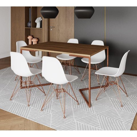 Mesa Jantar Industrial Retangular 137X90Cm Amêndoa Base V C/6 Cadeiras Brancas Base C Cor: Amendoa