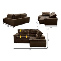 Sofá de Canto Retrátil e Reclinável com Molas 2,50x2,00 Esq Virginia Suede Marrom Adonai - 2