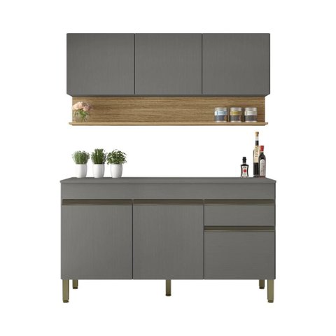 Kit Balcão de Pia com Tampo e Aereo 150 Cm 6 Portas 1 Gaveta Madrid - Gris/gris/cp-freijó
