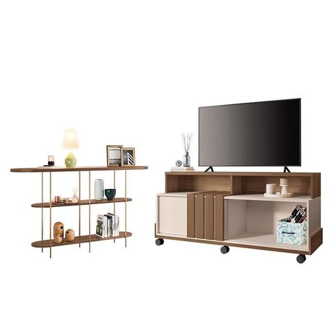 Rack Bancada Graci 1.3 com Aparador Infinity Castanho Off White – Hb Móveis