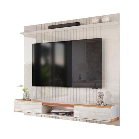 Painel Ripado Atlas - Mdf 1 Prateleira, Espaço para Tv até 70" Off White Perolizado-jequitiba -