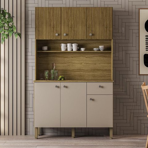 Armário de Cozinha Compacta 6 Portas 1 Gaveta Roma - Freijó/vanilla/cp-ripado Freijó