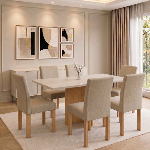 Conjunto de Mesa de Jantar 6 Lugares 160x80cm em MDF Cinamomo Off White e Bege
