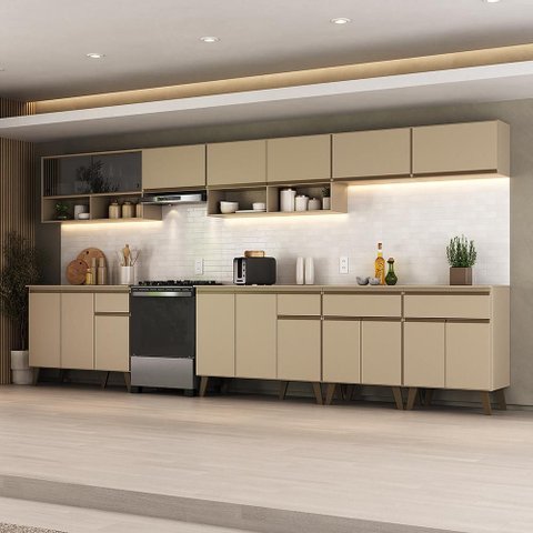 Armário de Cozinha Completa Atlanta Downtown com Vidro Carraro Amêndoa