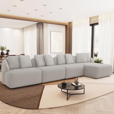 Sofá 5 Lugares com Chaise Direito Sala Living 328cm Arlo F04 Linho Cru - Lyam Decor