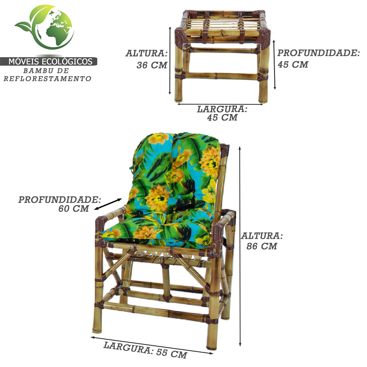 Kit 2 Cadeiras de Bambu + Mesa de Centro Área Interna e Externa Cor Floral T11 - 3
