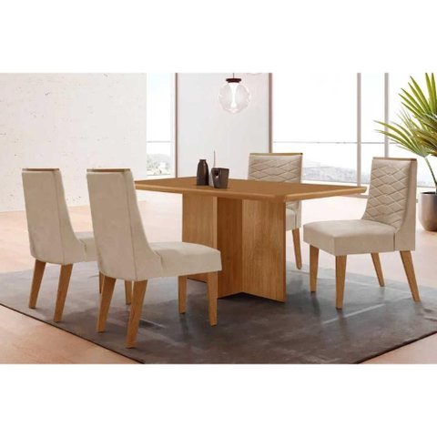 Conjunto: Mesa de Cozinha Berlim Tampo Curvo 120cm+4 Cadeiras Maldivas Madeira Naturale - Capuccino/