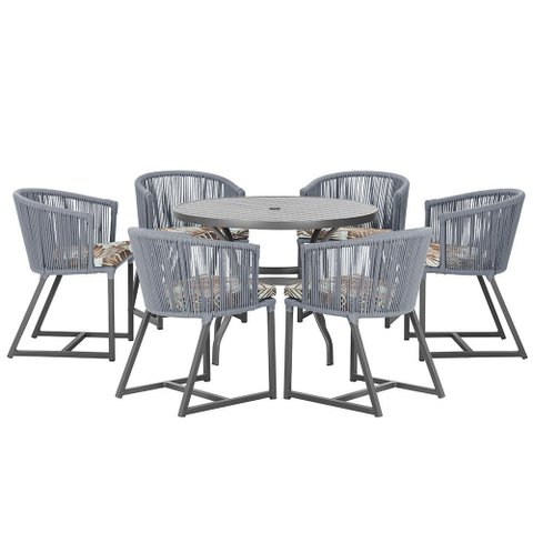 Mesa com 6 Cadeiras de Jantar Roma 120cm e Noronha em Alumínio Preto Corda Náutica Estofado 6 Trama