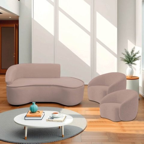 Kit Divã Recamier Orgânico Marrocos 180cm Lado Direito e 2 Poltronas Amore Linho Rose