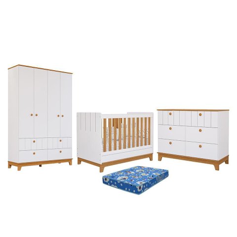Dormitório Biscoito Guarda Roupa, Cômoda e Berço Branco/nature com Colchão Physical - Permóbili