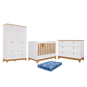 Dormitório Biscoito Guarda Roupa, Cômoda e Berço Branco/nature com Colchão Physical - Permóbili