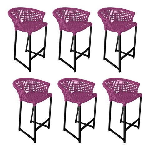 Kit 6 Banquetas Reis em Corda Náutica e Base em Alumínio Preta para Área Gourmet - Externa Rosa