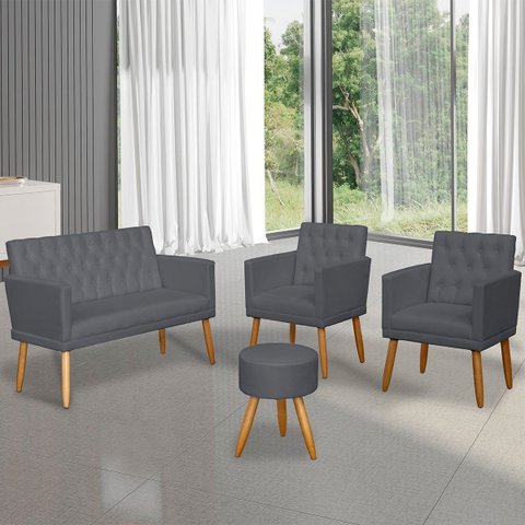 Conjunto 1 Namoradeira 2 Poltronas Decorativa Capitone com Puff