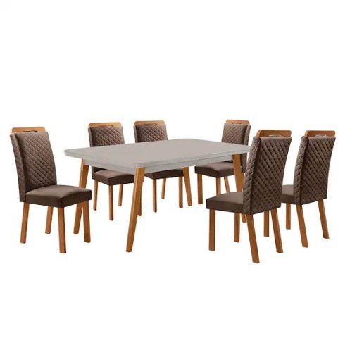 Mesa de Jantar Copper 180cm Madeira Tampo Vidro Canto Copo com 6 Cadeiras Lorena Moderna Mobília