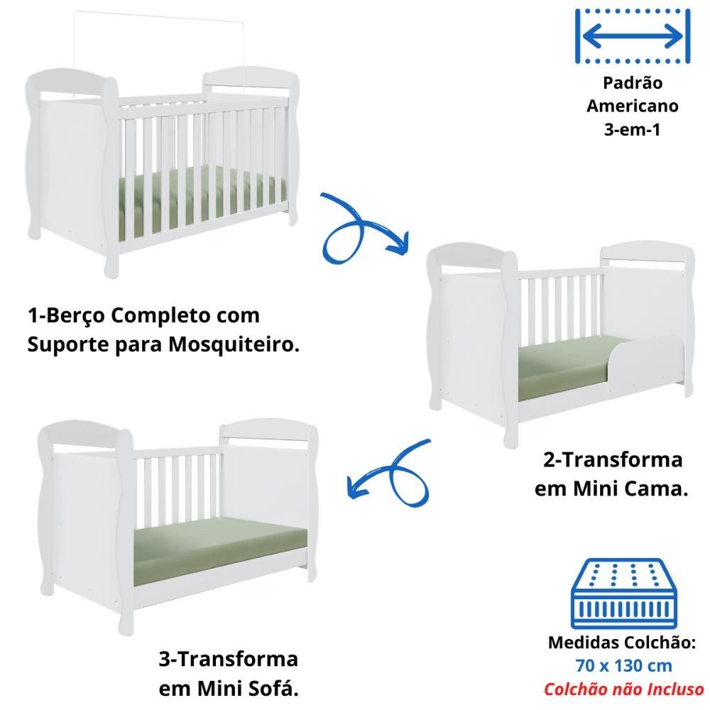 Quarto Bebê Completo Berço Americano Marquesa 3 em 1 Guarda Roupa 2 Portas Cômoda Uli 100% Mdf M - 3