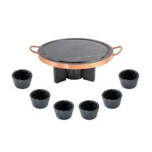 Fondue Pedra Sabão Chapa 27 Cm + Rechaud + 06 Molheiras de 80 Ml