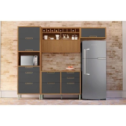 Kit Cozinha Modulada 4 Peças Imperatriz (2aéreos+1balcão+1paneleiro) C4p157 Freijo-grafite -