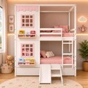 Ver imagem 1 de Beliche Infantil Casinha Reta com Escorregador Madeira Maciça Branco e Rosa Megamobília
