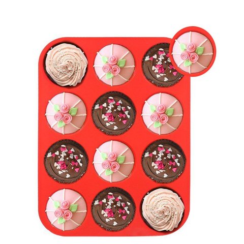 Copo de Silicone, Forma de Muffin de Silicone Walfos, Molde de 12 Bolo Redondo Mini Forma Bolos