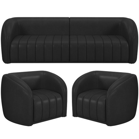 Kit Sofá 5 Lugares para Sala 332cm com 02 Poltrona Lazio M03 Corano Preto - Lyam Decor