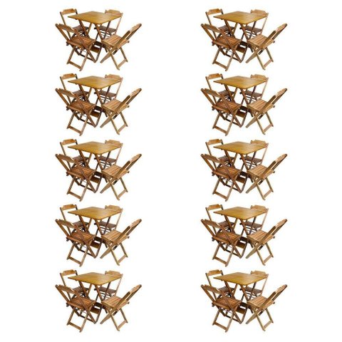 Kit 10 Conjuntos De Mesa Com 4 Cadeiras De Madeira Dobravel 70X70 Mel - Amarelo