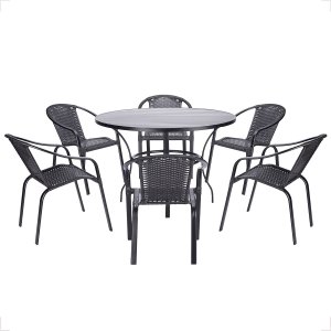 6 Cadeiras Maresia Aluminio Pintura Preta Fibra Sintetica Tr. Simples e Mesa Maresia Ripada Aluminio