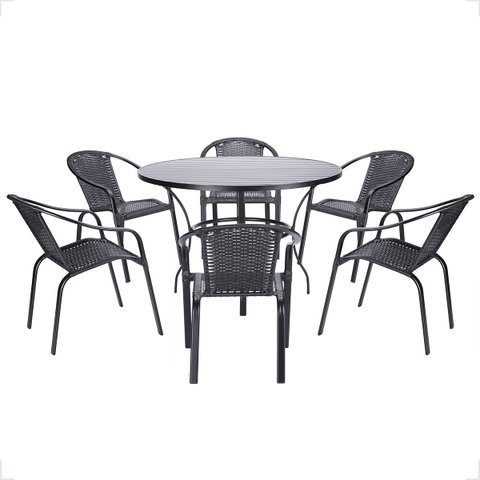 6 Cadeiras Maresia Aluminio Pintura Preta Fibra Sintetica Tr. Simples e Mesa Maresia Ripada Aluminio