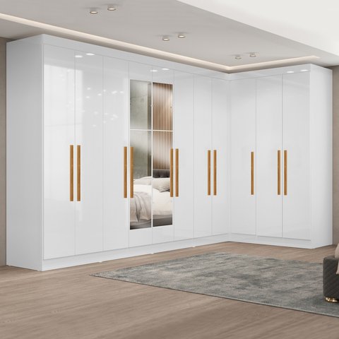 Guarda-Roupa Modulado de Canto com Puxadores MDF e Espelho Paris Branco