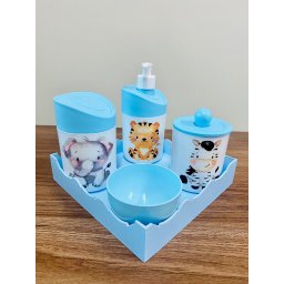 Kit Higiene Elefante, Zebra e Tigre - Azul C/bandeja Quadrada Azul - 1