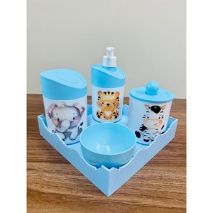 Kit Higiene Elefante, Zebra e Tigre - Azul C/bandeja Quadrada Azul
