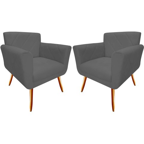 Kit 2 Poltronas Decorativa Sabrina Suede Cinza Pés Madeira Mz Decor