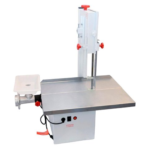 Serra Fita Mesa Móvel Bigolar 1,87m Inox com Moedor Boca 7 e Extrusor 1/3CV Bivolt