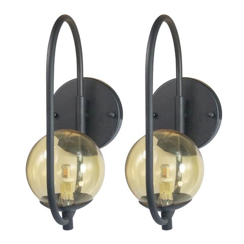 Kit 2 Arandela Parede Online Preto Globo de Vidro Âmbar