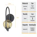 Ver imagem 6 de Kit 2 Arandela Parede Online Preto Globo de Vidro Âmbar