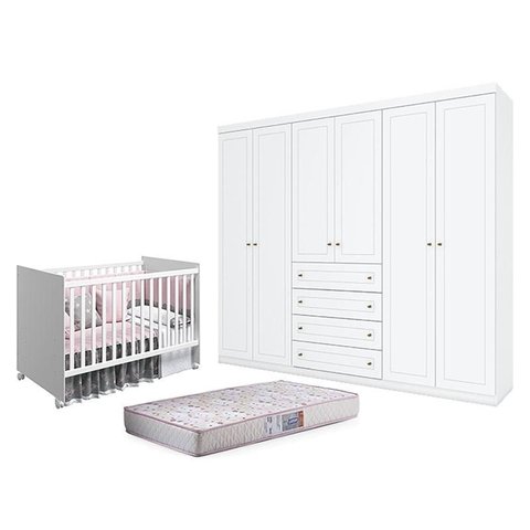 Berço Nacional Mel Branco Acetinado – Reller e guarda Roupa Casal Americano 6 Portas Branco Hp e Col