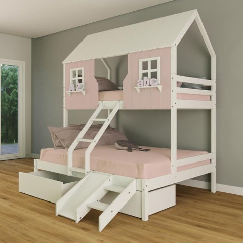 Beliche Casal/ Solteiro Casinha Encantada com 02 Gavetas Kit Escada/ Escorregador Madeira Maciça